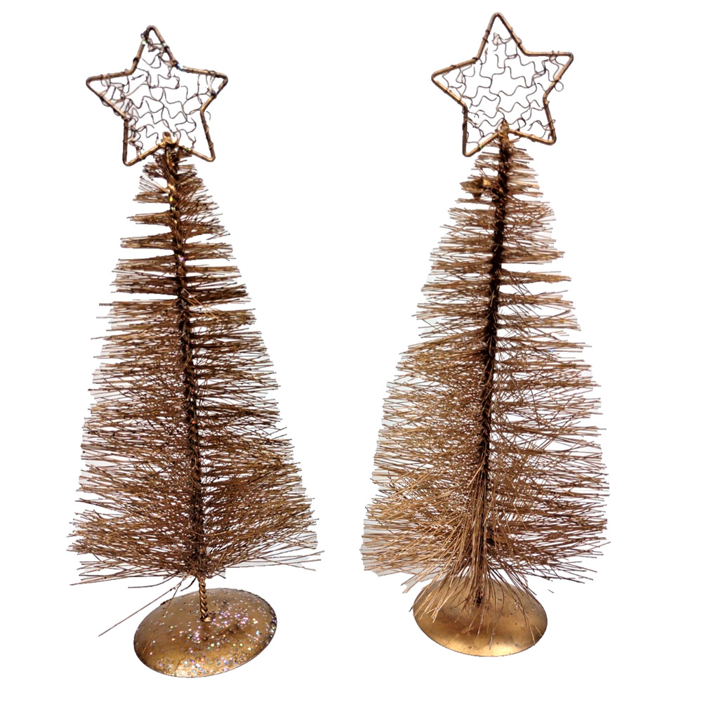 Set of VTG 12" Gold Metallic Bottlebrush Christmas Tree Filigree Star Topper